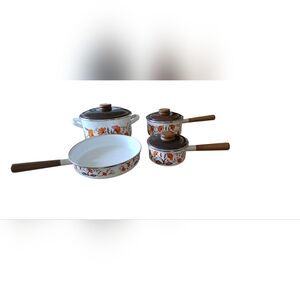 Vintage Floral Orange White Ceramic Cookware Set with Brown Lids.
